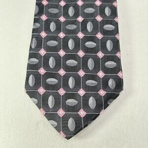 XMI Tie Mens 60 in Italian Silk Charcoal Pink Geometric Diamond Ellipsis Wide